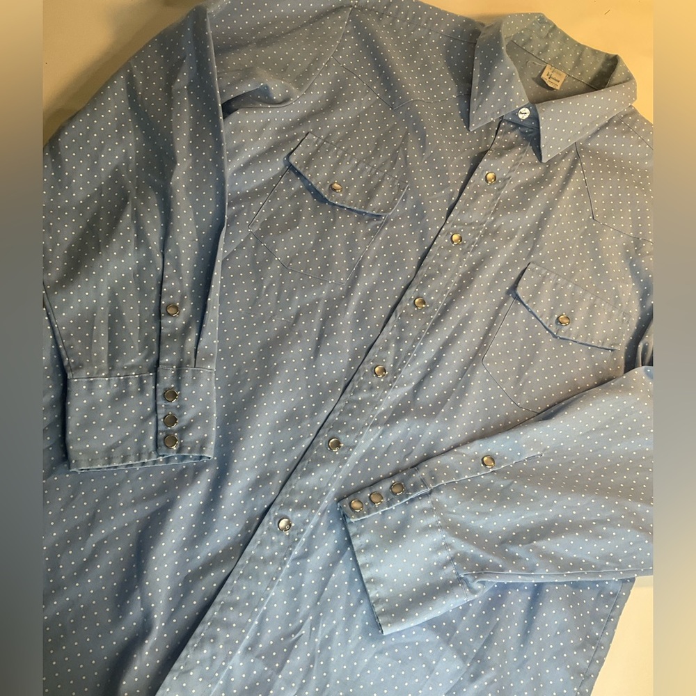 Malco Modes vintage pearl snap 17 1/2-34 blue polka dot button shirt XL